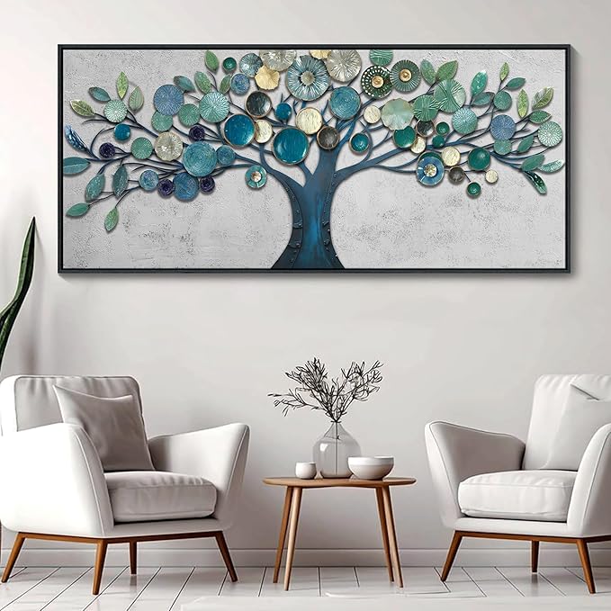 CHATYOUNG Extra Large Wall Art Office - Framed Blue Gold Leaves Gray Background Canvas Print Nature Wall Paintings Artwork for Living Room Bedroom Office Kitchen Home Wall Decor 71"x32"