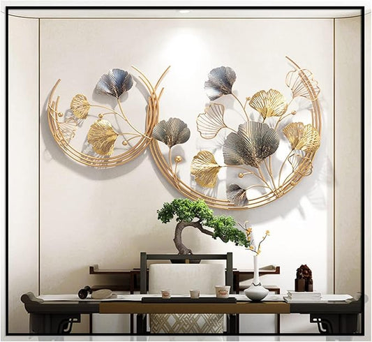 CDDUOLA 3D Room Wall Decor, Handmade Art Metal Round Golden Ginkgo Leaf Decorative Wall Sculpture for Home Living Room And Bedroom, 2 Pack