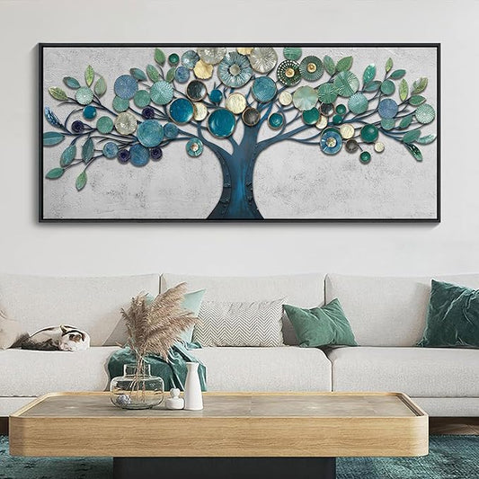 CHATYOUNG Extra Large Wall Art Office - Framed Blue Gold Leaves Gray Background Canvas Print Nature Wall Paintings Artwork for Living Room Bedroom Office Kitchen Home Wall Decor 71"x32"